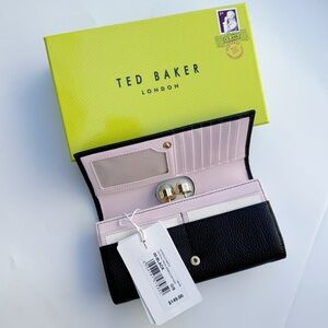 Ted Baker Black Pearl Leather Wallet with rose interior New w/ Tags in Box NWT